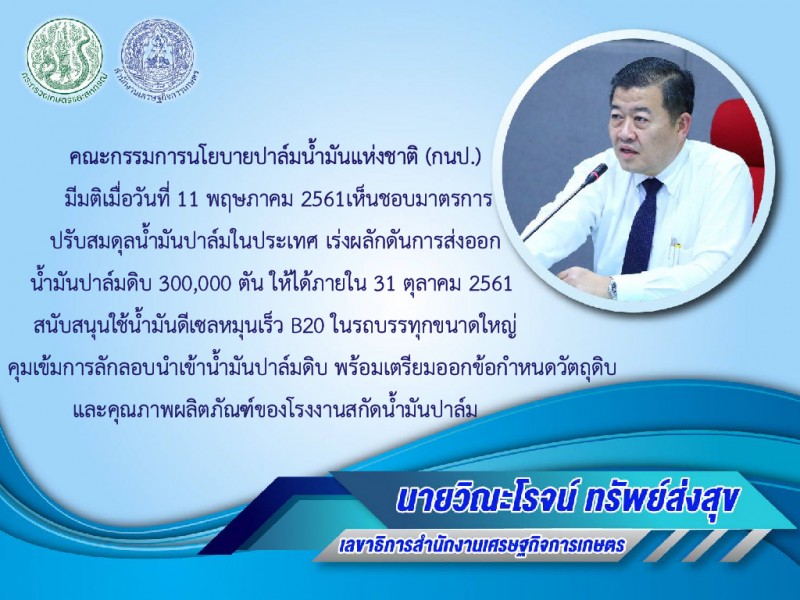 กนป. เร่งส่งออก 3 แสนตัน ใน 5 เดือน เอาจริง คุมเข้มนำเข้า การสกัดน้ำมันต้องได้คุณภาพ