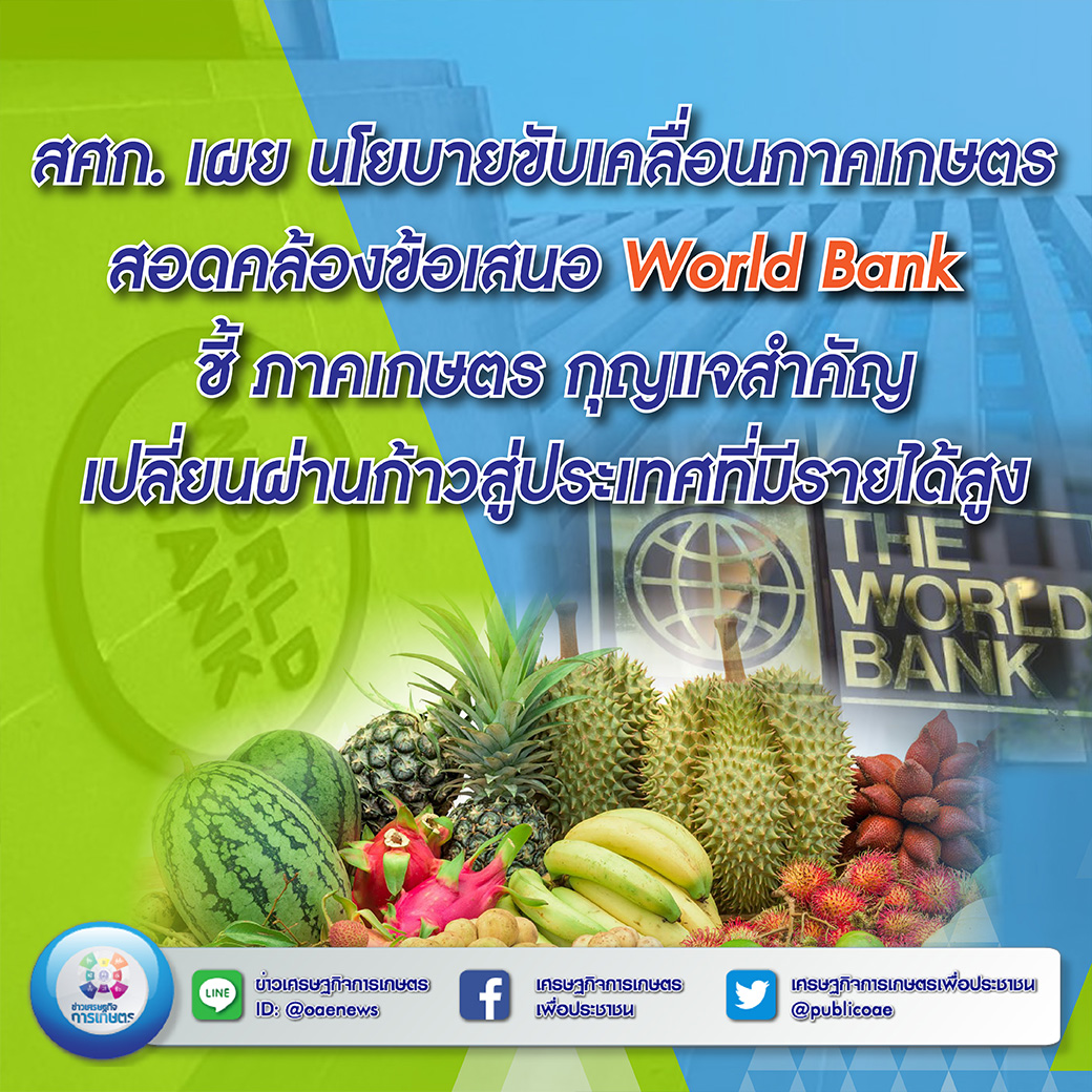 สศก. เผย นโยบายขับเคลื่อนภาคเกษตร สอดคล้องข้อเสนอ World Bank  ชี้ ภาคเกษตร กุญแจสำคัญ เปลี่ยนผ่านก้าวสู่ประเทศที่มีรายได้สูง 