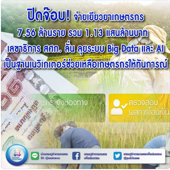 ปิดจ๊อบ! จ่ายเยียวยาเกษตรกร 7.56 ล้านราย รวม 1.13 แสนล้านบาท  เลขาธิการ สศก. ลั่น ลุยระบบ Big Data และ AI