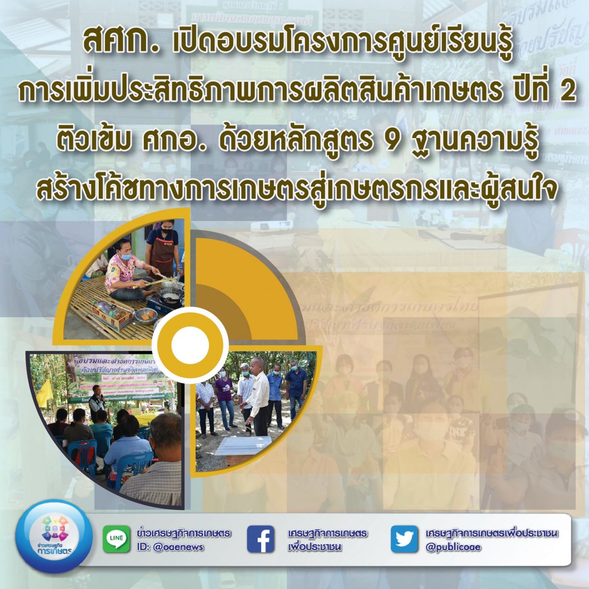 สศก. เปิดอบรมโครงการศูนย์เรียนรู้การเพิ่มประสิทธิภาพการผลิตสินค้าเกษตร ปีที่ 2 ติวเข้ม ศกอ. ด้วยหลักสูตร 9 ฐานความรู้ สร้างโค้ชทางการเกษตรสู่เกษตรกรและผู้สนใจ 