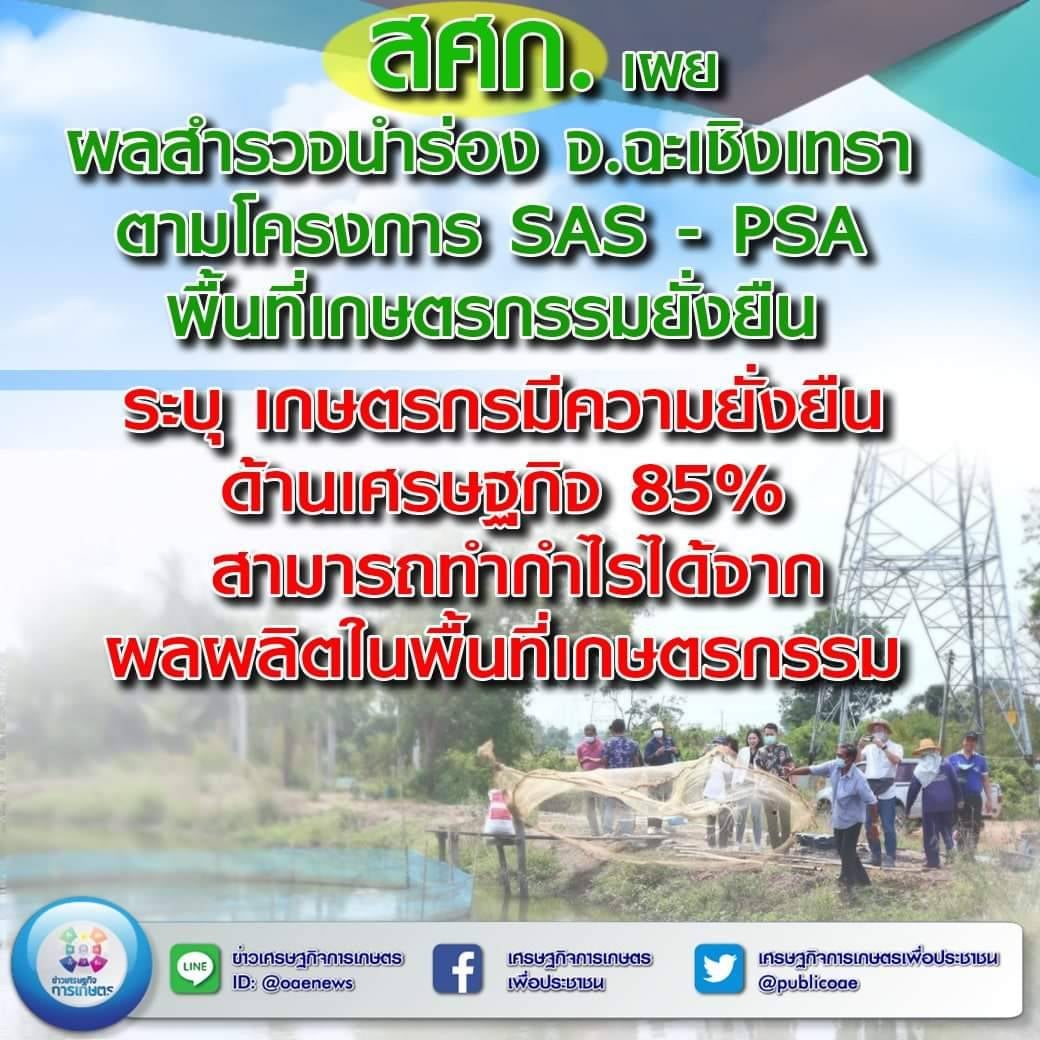 สศก. เผย ผลสำรวจนำร่อง จ.ฉะเชิงเทรา ตามโครงการ  SAS - PSA พื้นที่เกษตรกรรมยั่งยืน ระบุ เกษตรกรมีความยั่งยืนด้านเศรษฐกิจ 85% สามารถทำกำไรได้จากผลผลิตในพื้นที่เกษตรกรรม