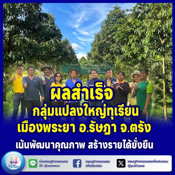 ผลสำเร็จ “กลุ่มแปลงใหญ่ทุเรียนเมืองพระยา” อ.รัษฎา จ.ตรัง เน้นพัฒนาคุณภาพ สร้างรายได้ยั่งยืน 