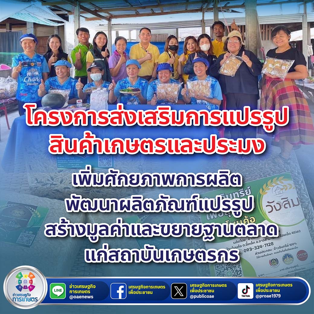 โครงการส่งเสริมการแปรรูปสินค้าเกษตรและประมง เพิ่มศักยภาพการผลิต พัฒนาผลิตภัณฑ์แปรรูป  สร้างมูลค่าและขยายฐานตลาดแก่สถาบันเกษตรกร